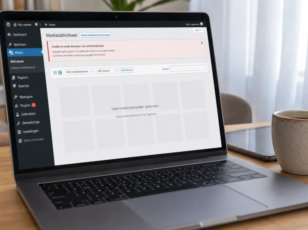 Upload-fout in WordPress Media Library veroorzaakt door verkeerde file permissions op wp-content/uploads'