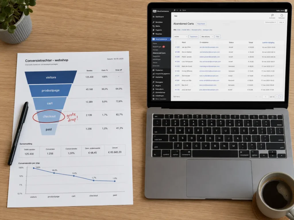 Verlaten winkelwagen analyse in WooCommerce met conversion funnel en abandoned cart-lijst voor recovery