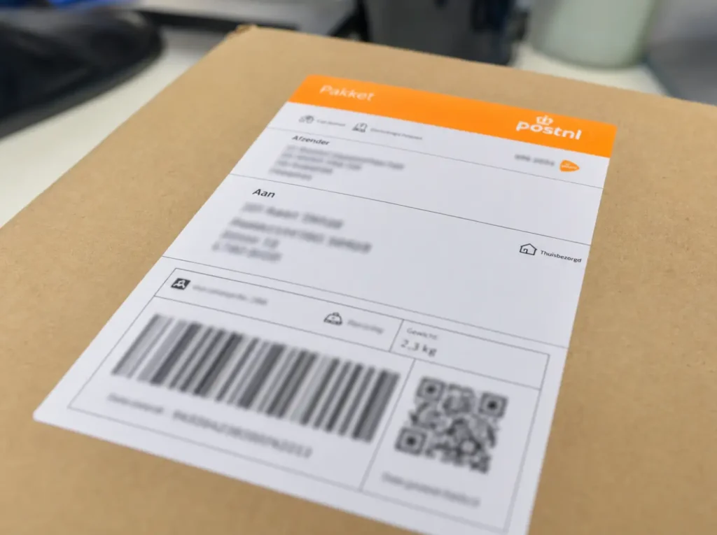 PostNL verzendlabel met barcode en QR-code op een pakket na automatische generatie via WooCommerce