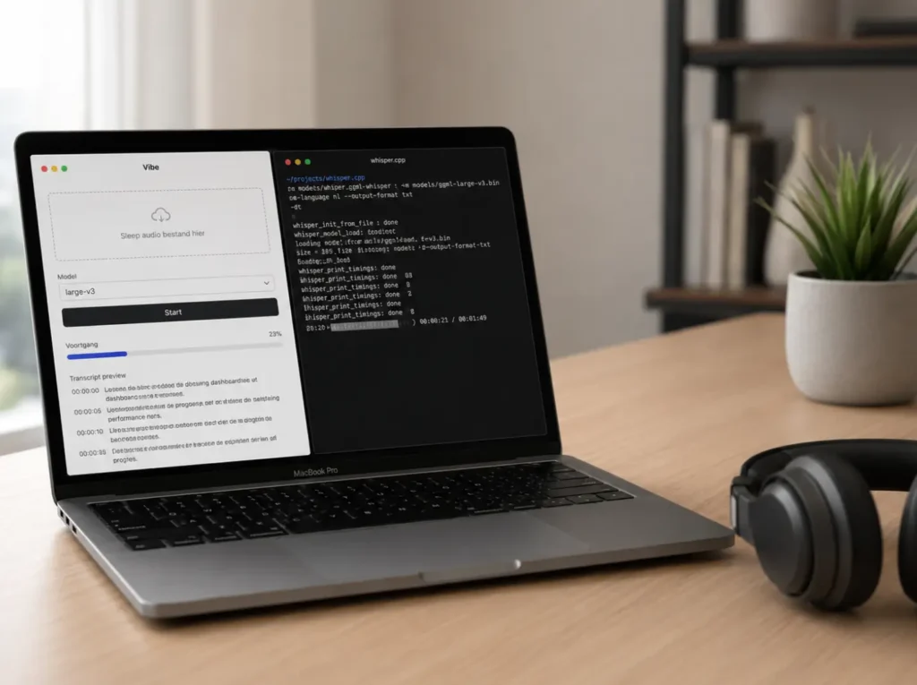 Vibe app en whisper.cpp terminal naast elkaar voor lokale audio-transcriptie op macOS in het mkb