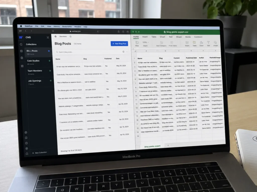 Webflow CMS Collections geëxporteerd naar CSV met kolommen voor blog posts en case studies voor WordPress import