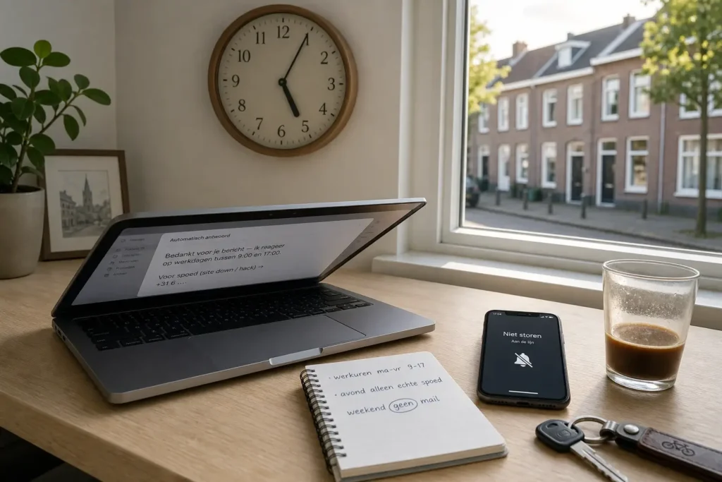 Webmaster avond niet beschikbaar: werkplek in Terneuzen met klok op kantoortijden