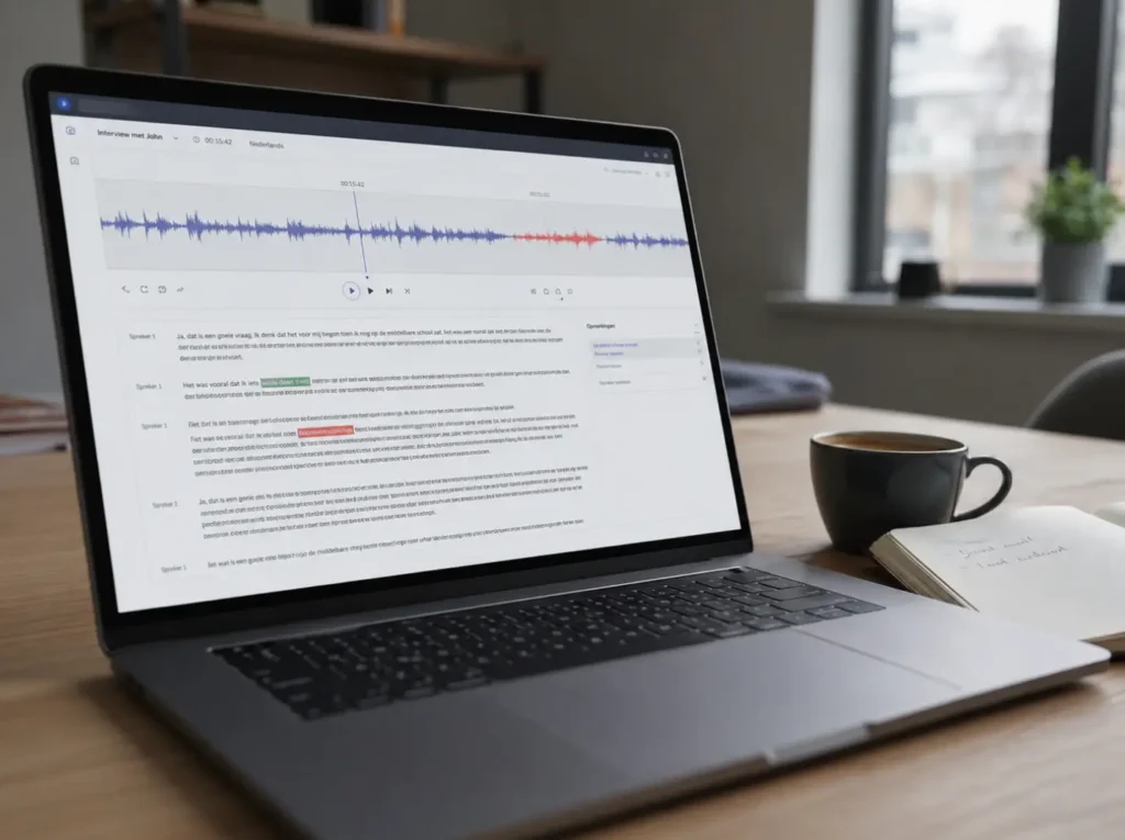 Whisper AI-transcriptie handmatig corrigeren in een editor met audio-timeline en text-area voor klantgesprek