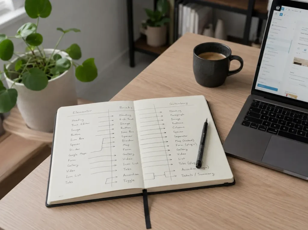Widget mapping tussen Elementor, Bricks en Gutenberg in een handgeschreven tabel voor page builder migratie