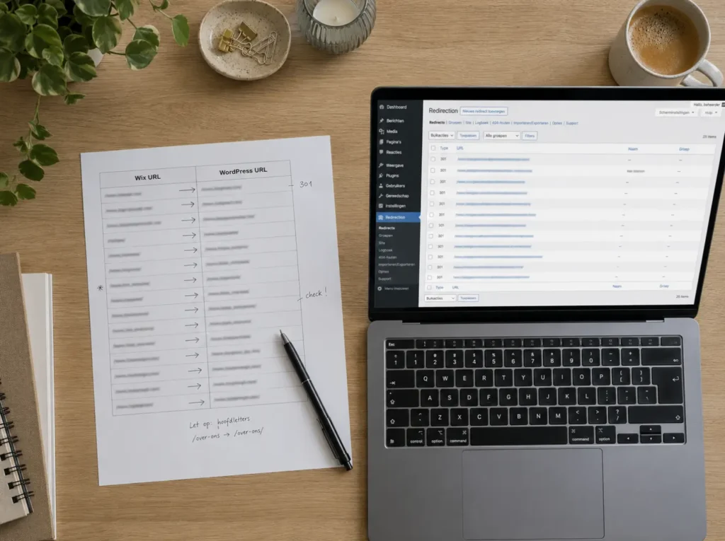 Redirect mapping van Wix URLs naar WordPress URLs met 301-redirects in een spreadsheet