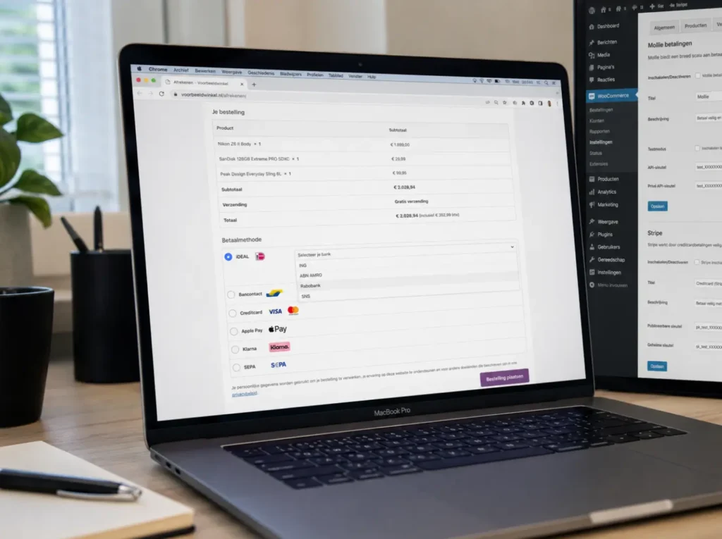 WooCommerce checkout page met iDEAL Bancontact en creditcard betaalmethoden via Mollie of Stripe plugin