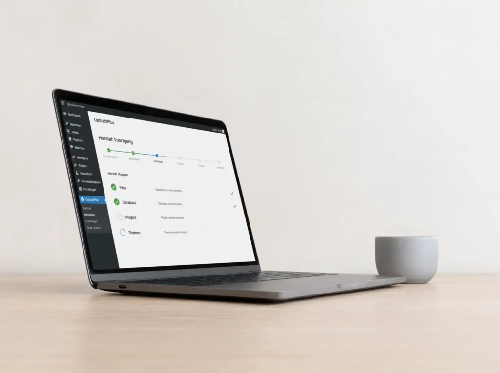 WordPress backup terugzetten via UpdraftPlus met restore-voortgang van bestanden, database en plug-ins