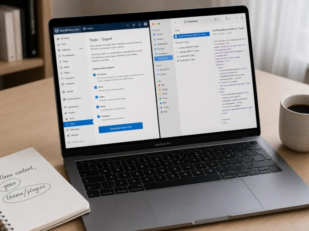 WordPress.com export tool download XML bestand met alle content voor migratie naar WordPress.org zelf gehost