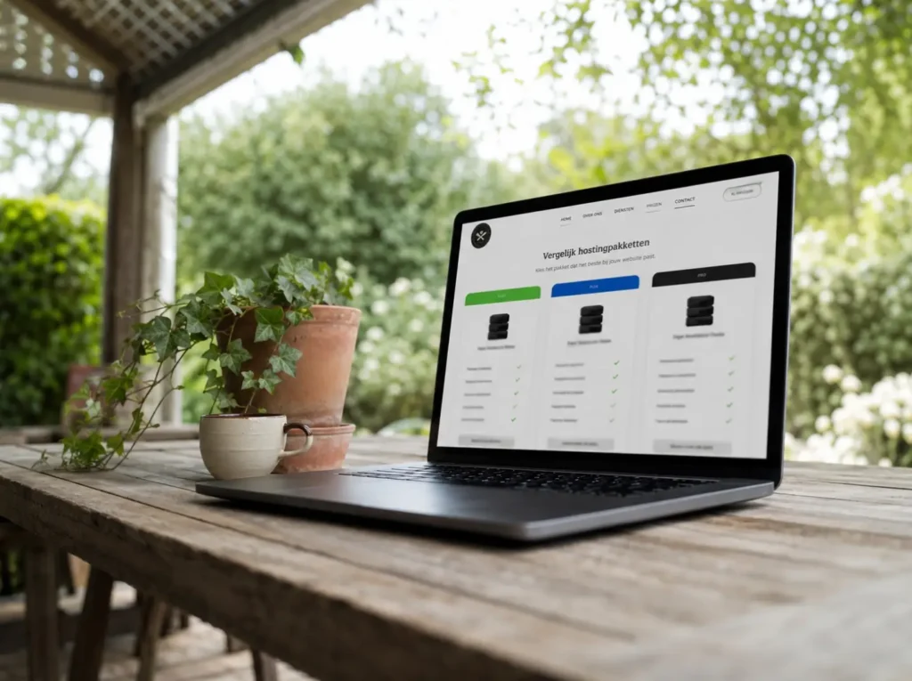 WordPress hosting kiezen voor MKB met provider-vergelijking vanuit een tuinterras werkplek