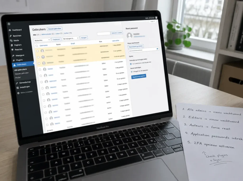 Volgorde van wachtwoord resetten in WordPress admin na een hack met administrators editors en auteurs