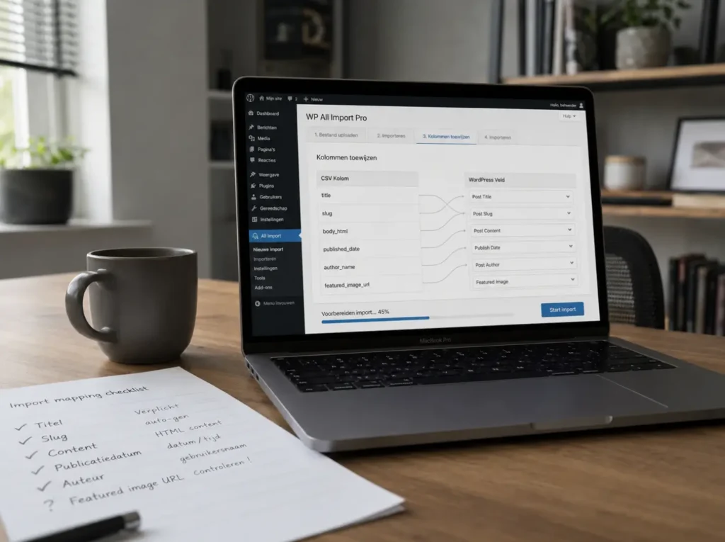 WP All Import mapping van Webflow CSV kolommen naar WordPress post velden voor CMS migratie