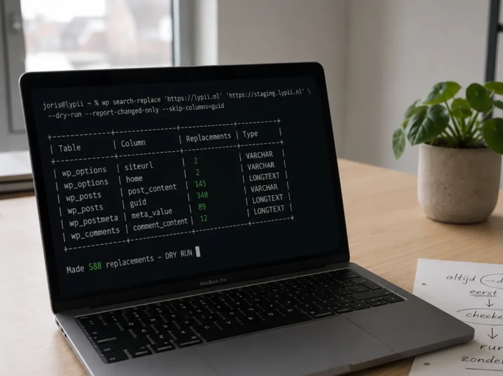 WP-CLI search-replace commando met dry-run voor het aanpassen van URLs bij een WordPress staging kopie