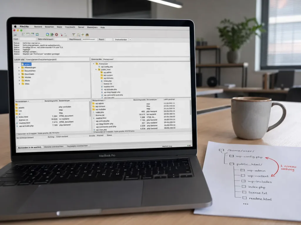 wp-config.php verplaatst naar de bovenliggende map buiten webroot in FileZilla FTP-structuur