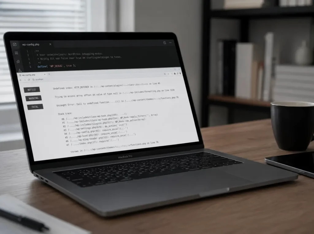 WP_DEBUG aanzetten in wp-config.php toont de PHP-foutmelding achter een WordPress wit scherm