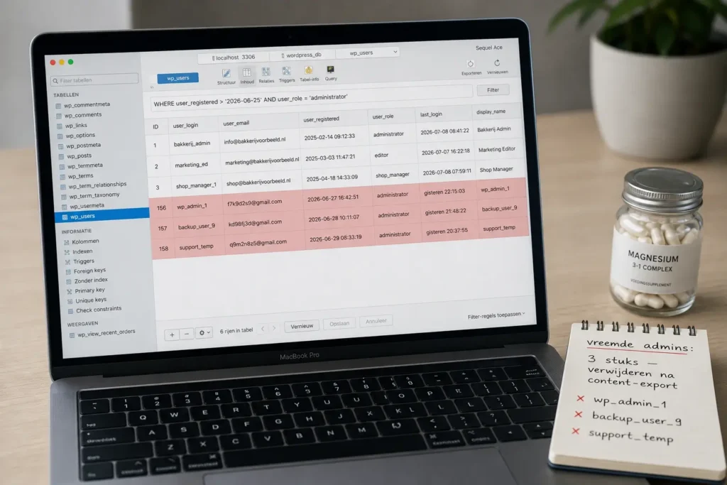 Database-inspectie van wp_users tijdens cleanup van een gehackte WordPress site