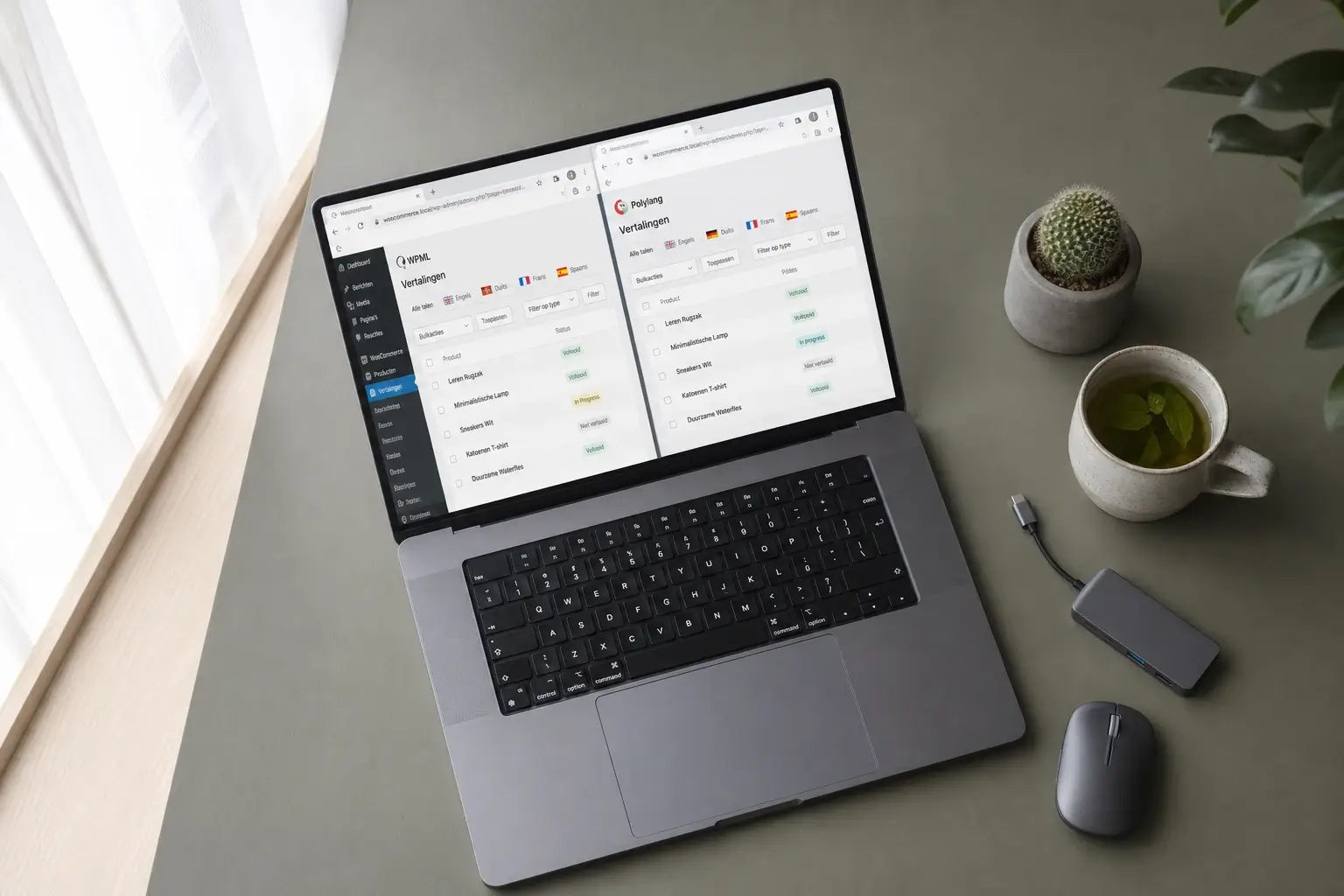 Meertalige webshop WooCommerce WPML Polylang: vertaaldashboards naast elkaar vergeleken