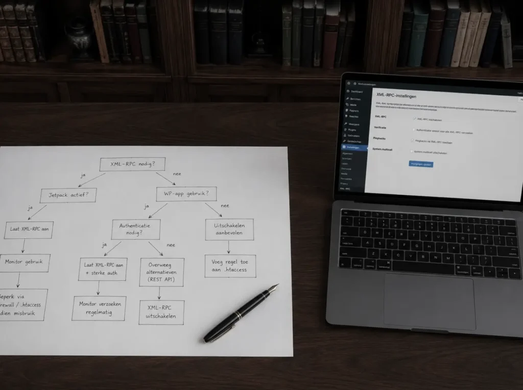 Beslisboom voor XML-RPC uitschakelen in WordPress met handgetekende beslisboom in een rustige werkkamer
