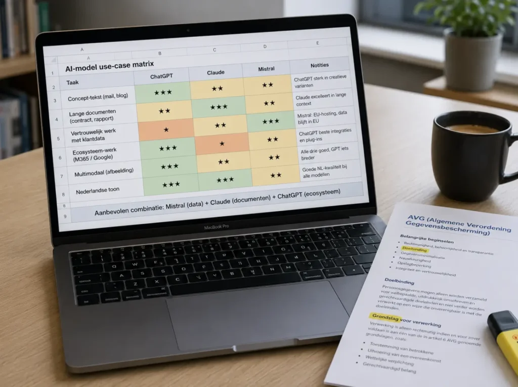 Vergelijkingsmatrix van ChatGPT Claude en Mistral per mkb-taak met sterrenscore en aanbevolen combinatie voor gebruik