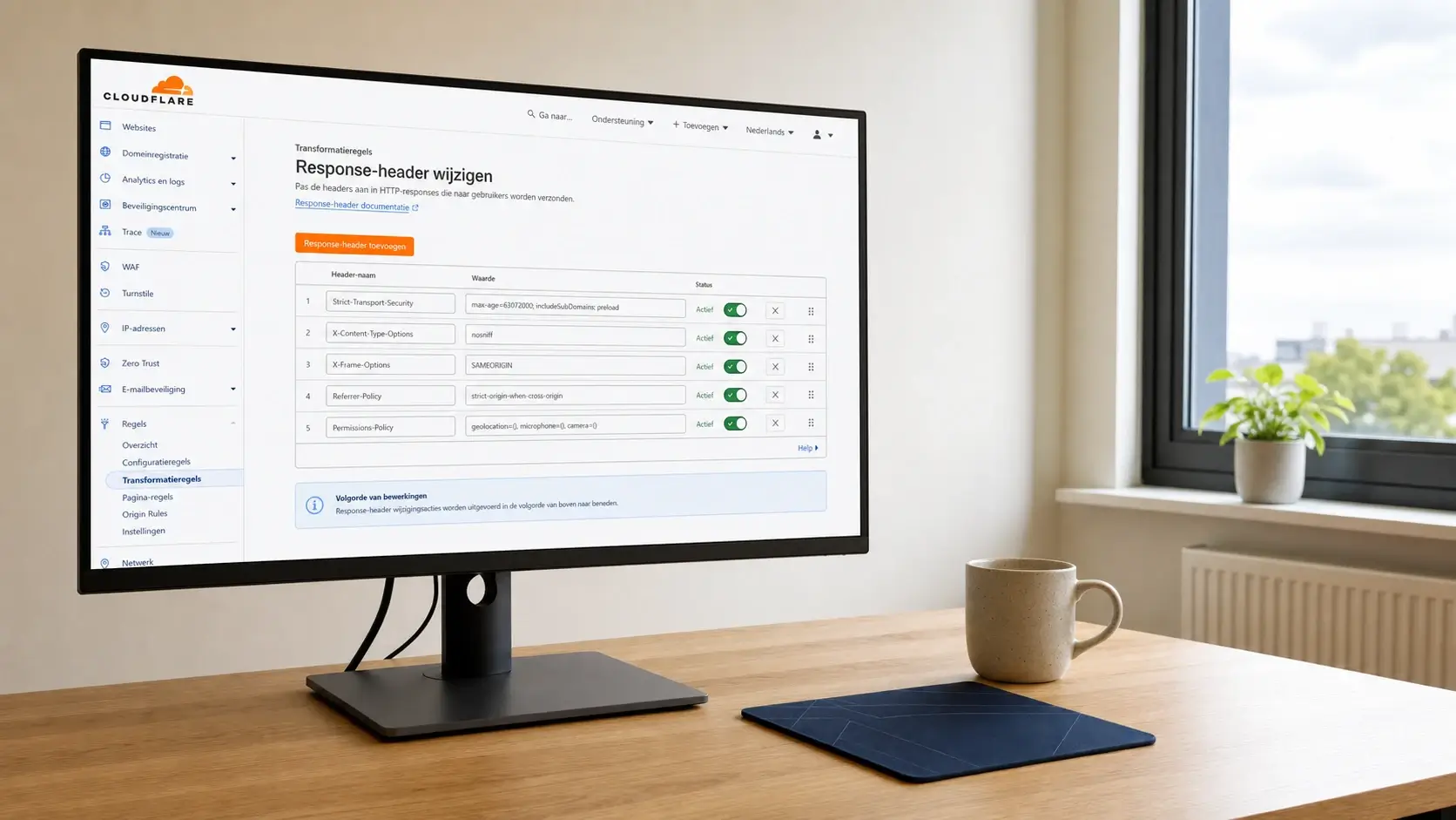 Cloudflare Transform Rules met vijf headers