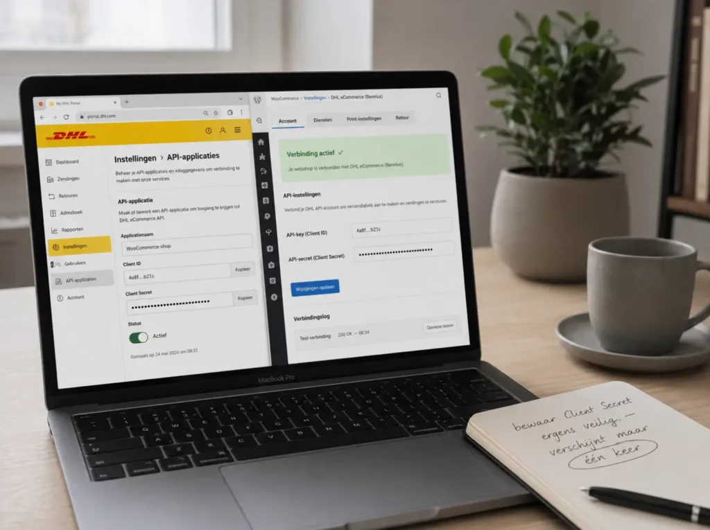 DHL API-key configuratie in My DHL Portal en WooCommerce plugin met actieve verbindingsstatus