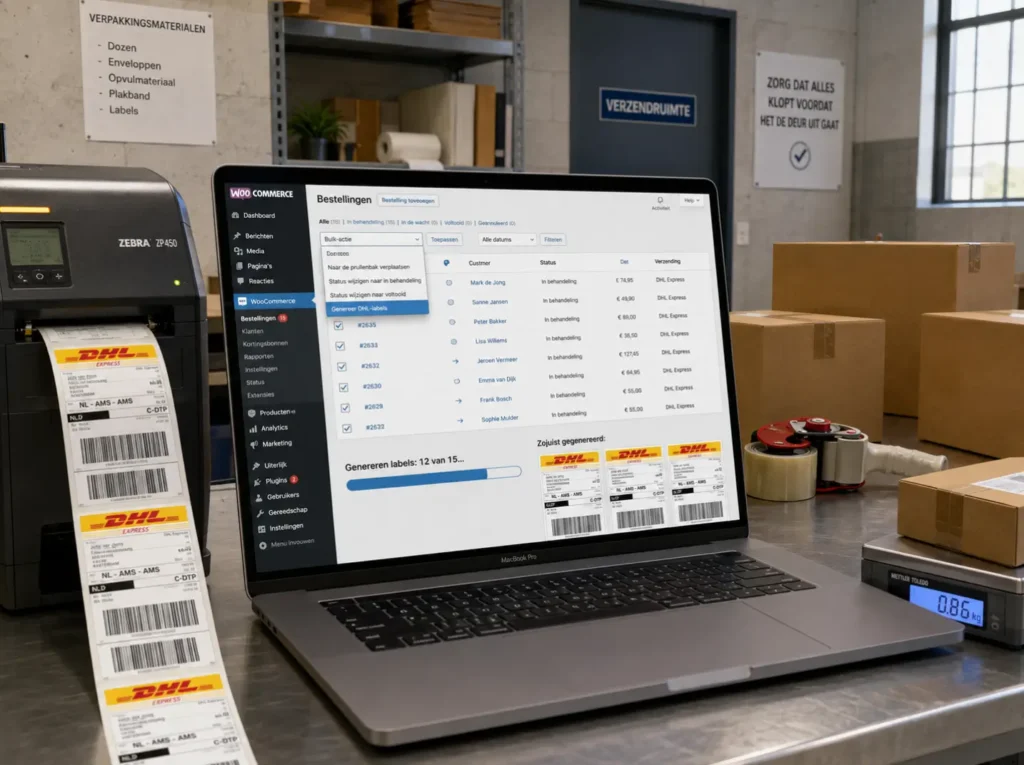 Bulk aanmaken van DHL verzendlabels vanuit WooCommerce orders met labelprinter weegschaal en klaargezette pakketten