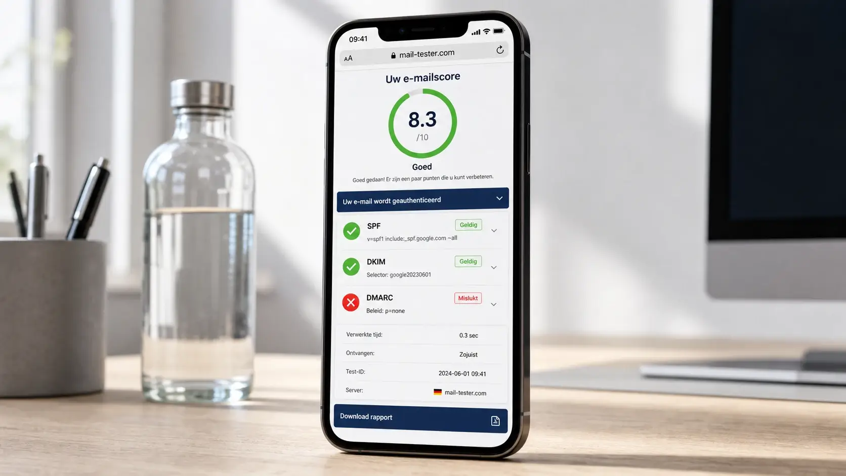 Mail-tester toont SPF DKIM DMARC status