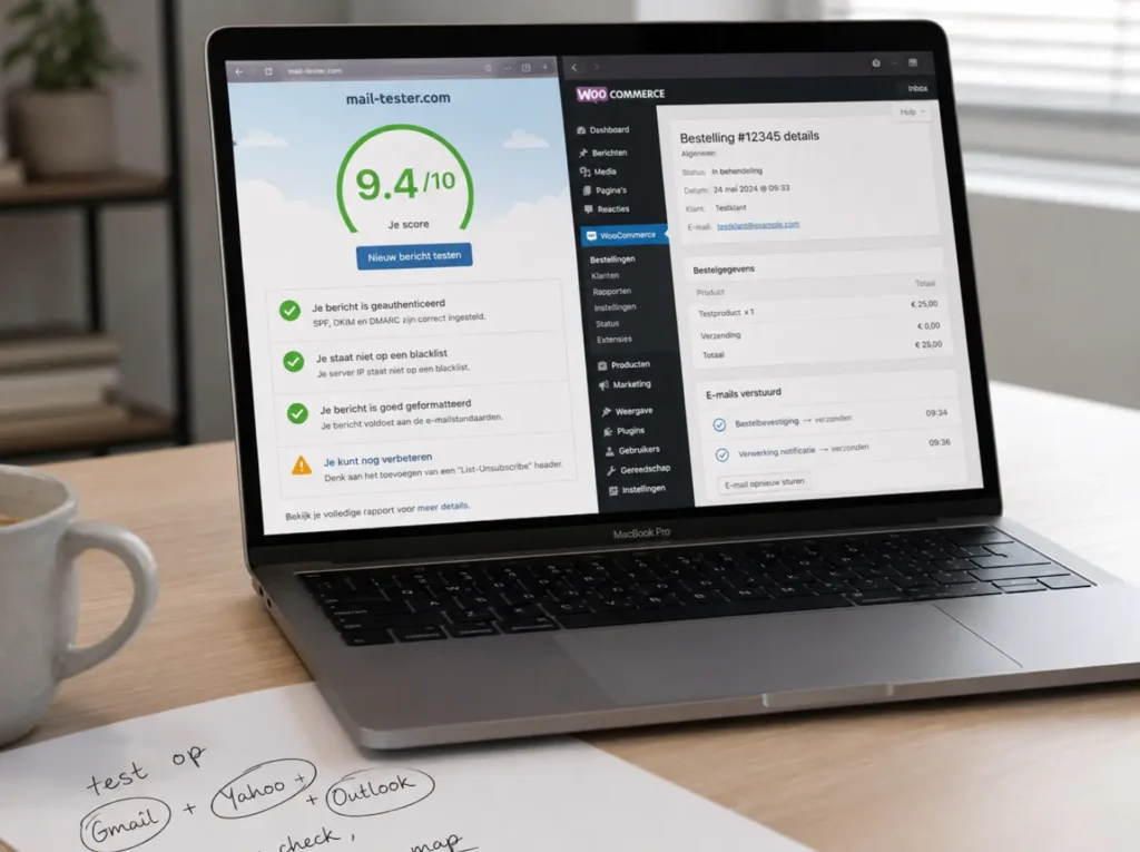 Hoge mail-tester score voor WooCommerce transactionele mails met bevestigde SPF DKIM en DMARC authenticatie