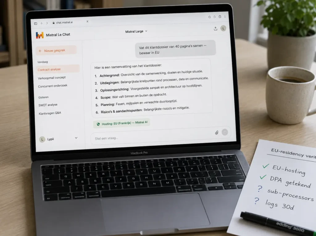 Mistral Le Chat interface met EU-hosting badge voor veilig verwerken van klantdossier in het mkb