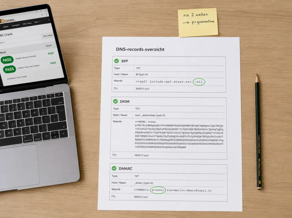DNS records voor SPF DKIM en DMARC afgedrukt naast MXToolbox validatie voor WooCommerce mail deliverability