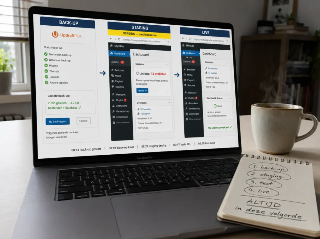 Update-flow van WordPress met eerst back-up dan staging test en pas daarna live deploy voor veilig onderhoud