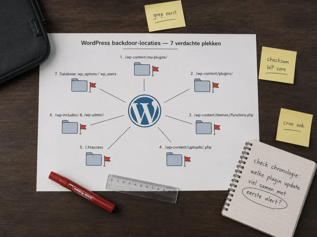 Diagram met de zeven meest voorkomende plekken waar een WordPress backdoor zich verstopt van mu-plugins tot database