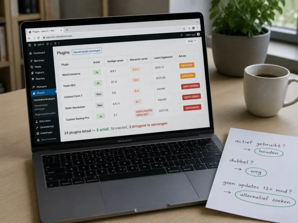 Audit van WordPress plugins met versies laatst bijgewerkt en advies om te updaten verwijderen of vervangen