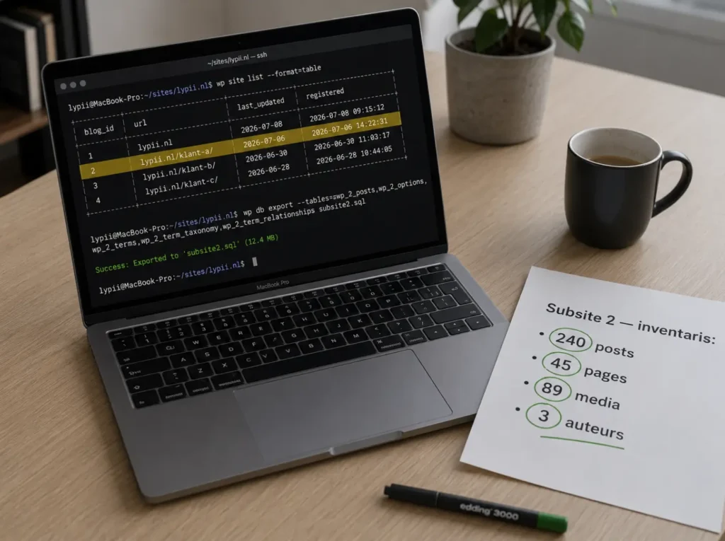 WP-CLI commando voor exporteren van subsite-tabellen uit een WordPress multisite naar los SQL-bestand