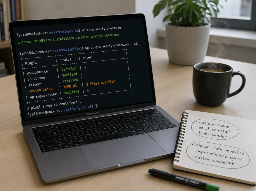 WP-CLI verify-checksums output met verified plugins en oranje waarschuwing bij gewijzigde bestanden in custom plugin